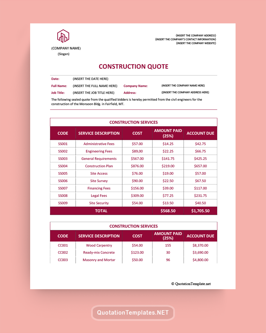 Construction Quote Templates - Dark Pink