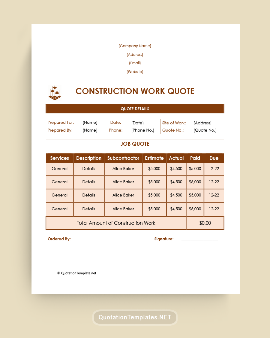 Construction Work Quote Template - Brown