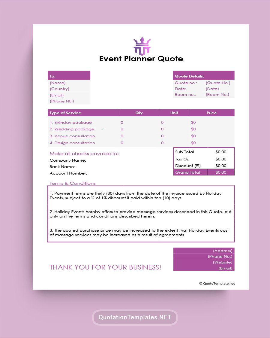 Event Planner Quote Tempate - Purple