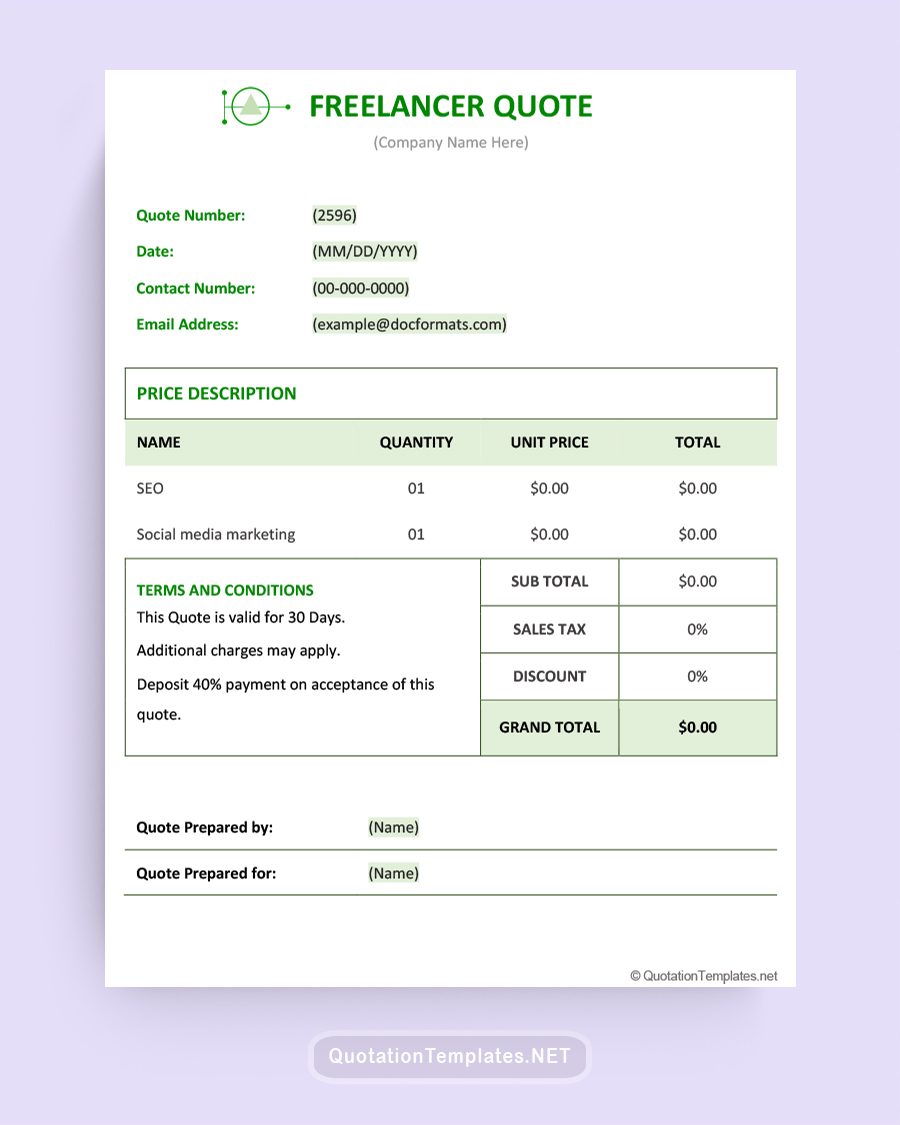 Freelancer Quote Template - Green - Word