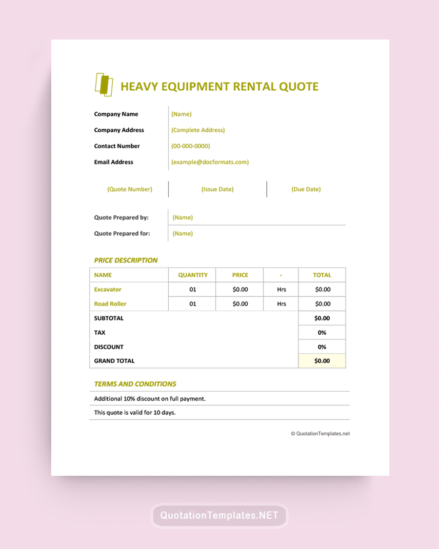 Heavy Equipment Rental Quote Template - Mustard - Word