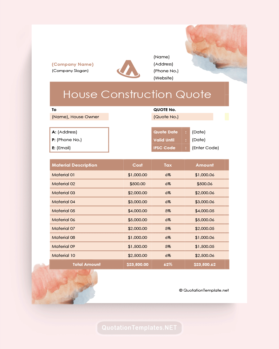 House Construction Quote Template - Pink - Word