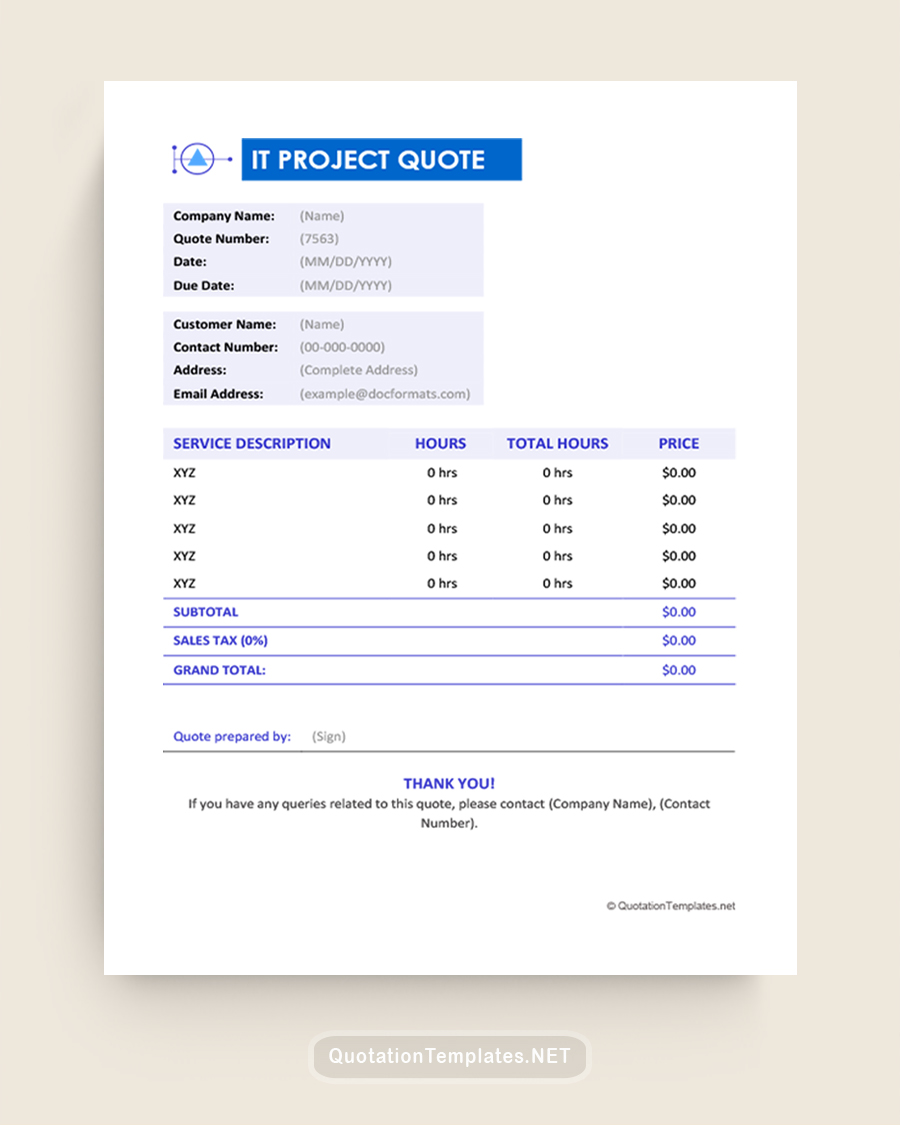 IT Project Quote Template - Blue - Word