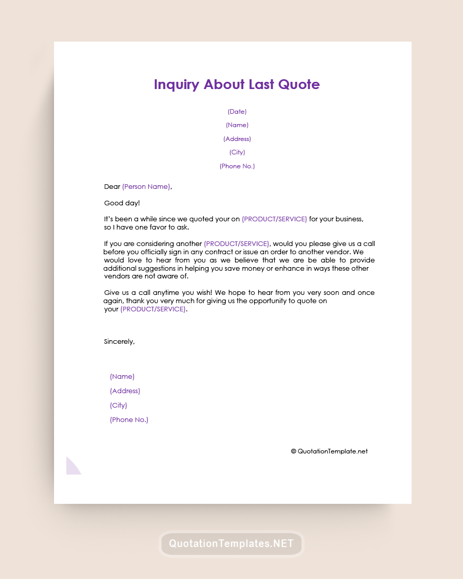 Inquiry About Last Quote Template - Purple