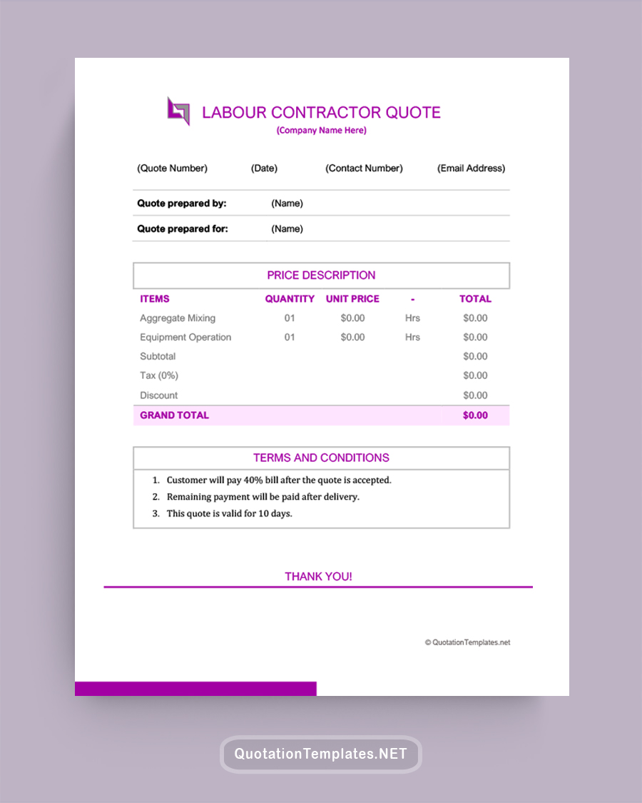 Labour Contractor Quote Template - Purple - Word