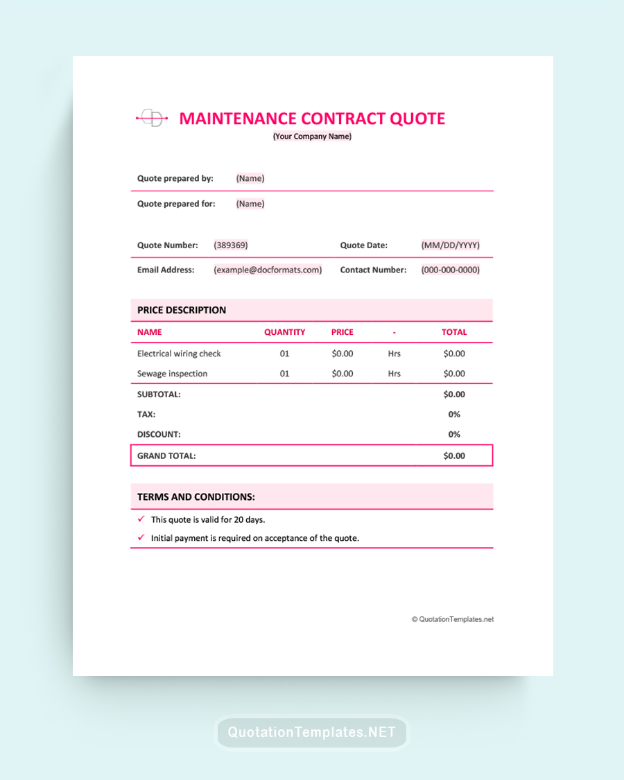 Maintenance Contract Quote Template - Pink - Word