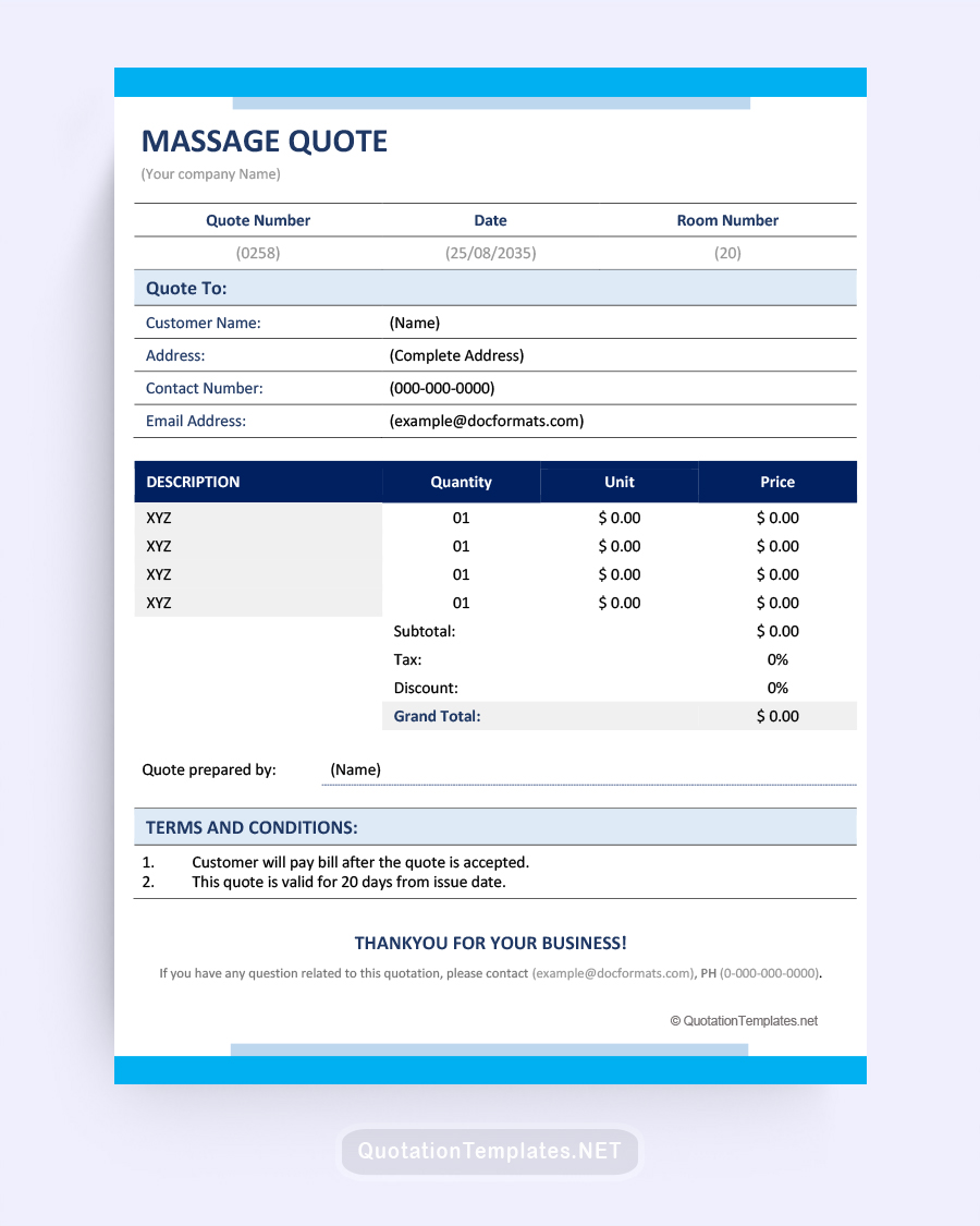 Massage Quote Template - Blue - Word