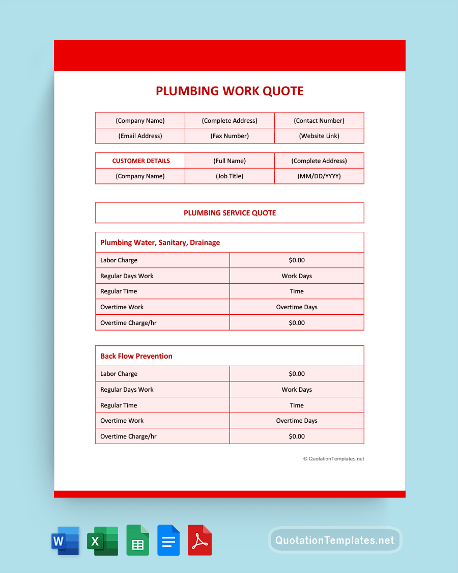 Plumbing Work Quote Template - Red