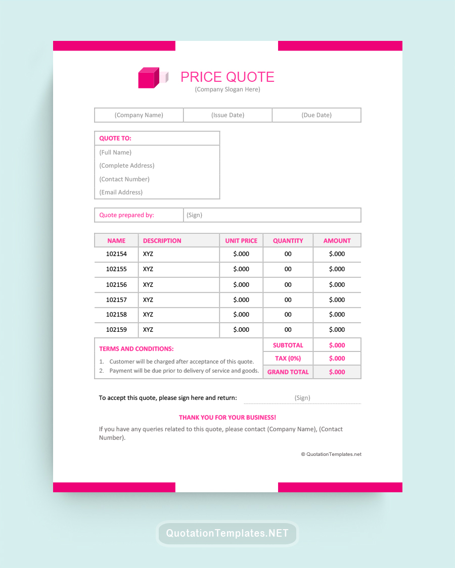 Price Quote Template - Pink - Word