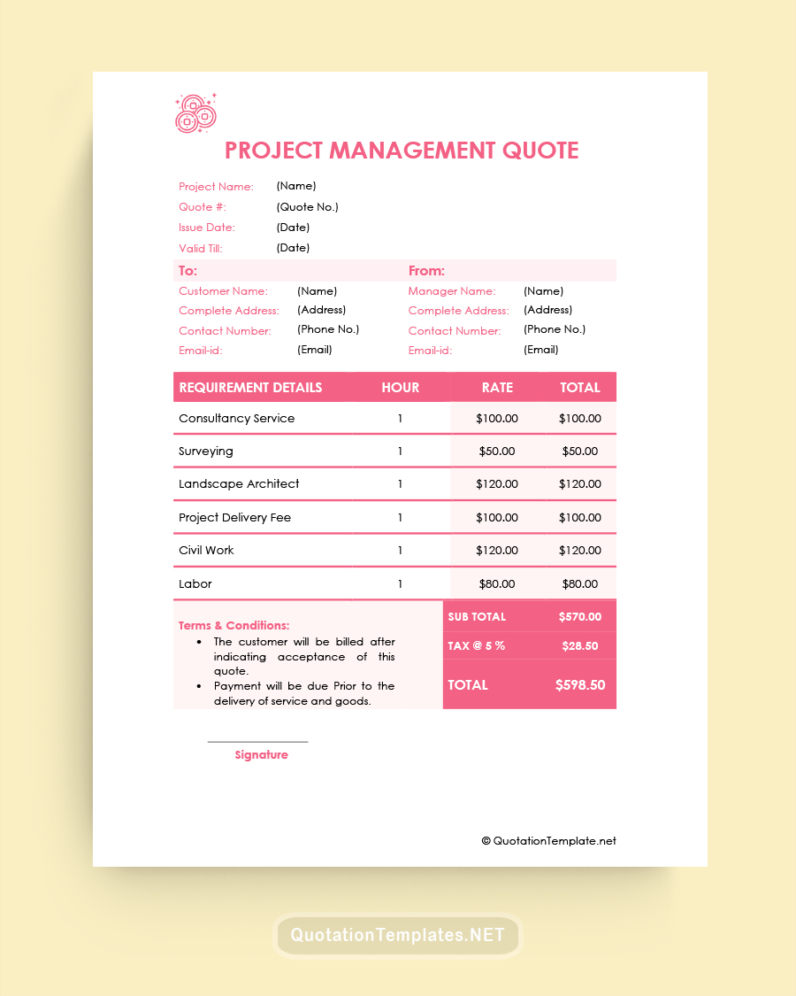 Project Management Quote Template - Pink