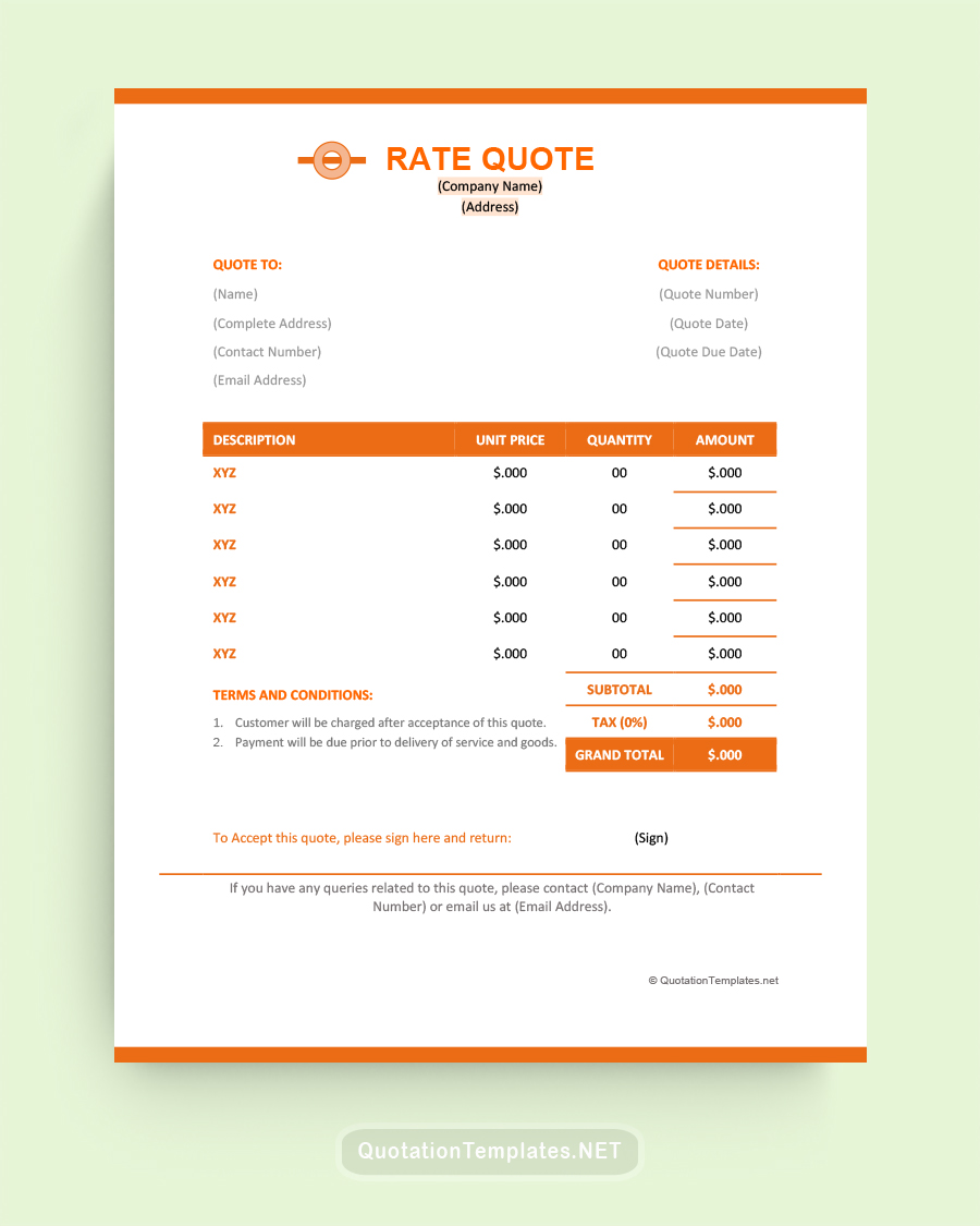 Rate Quote Sample Template - Orange - Word