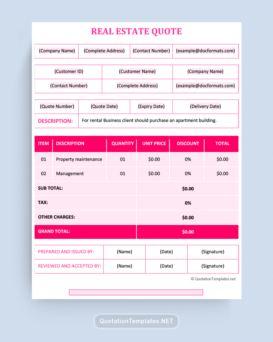 Real Estate Quote Template - Pink - Word