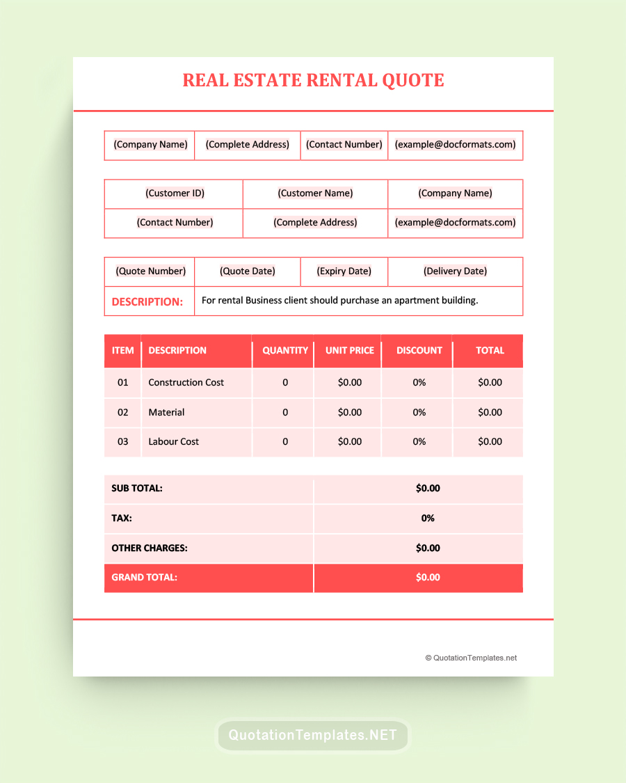 Real Estate Rental Quote Template - Peach - Word