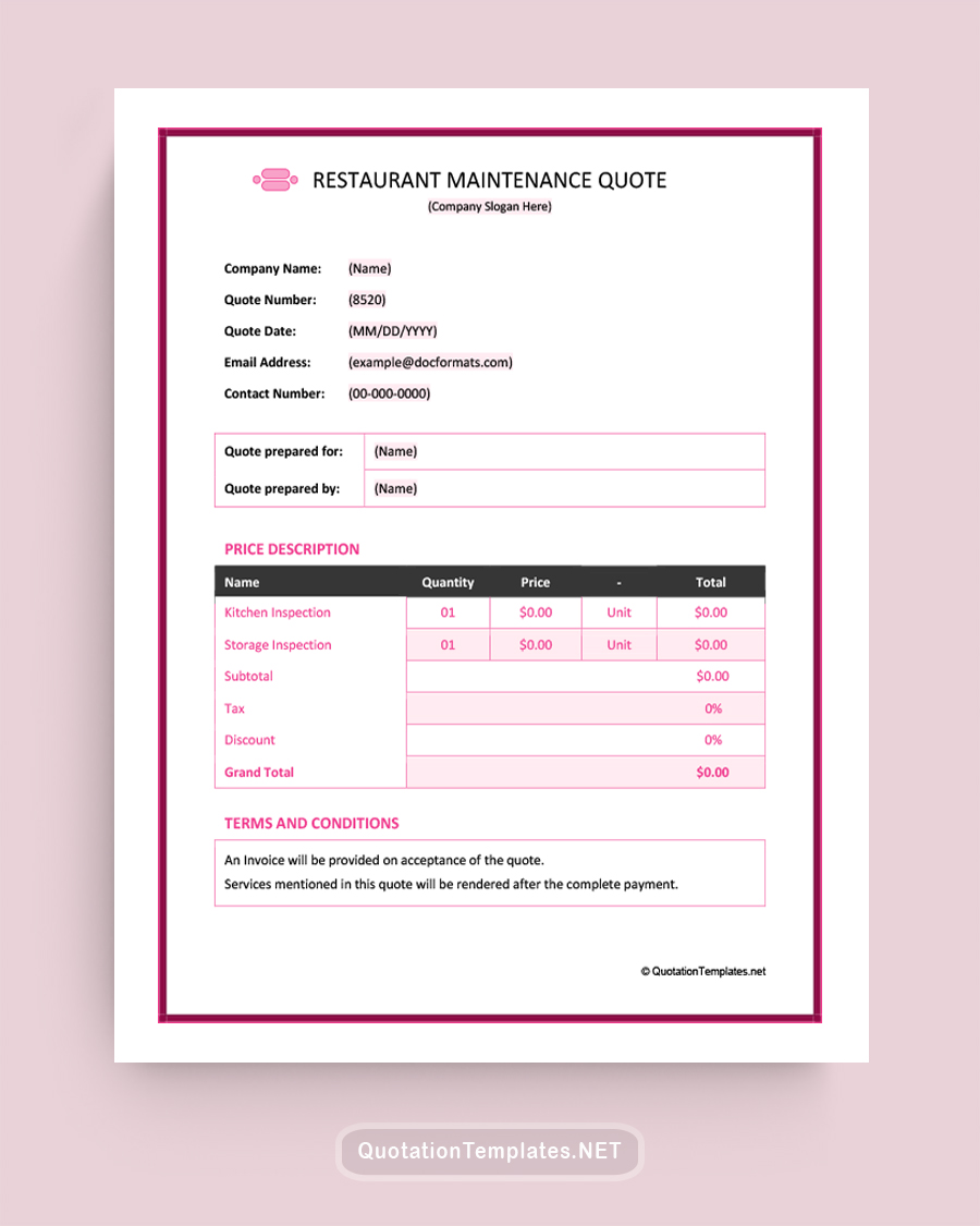 Restaurant Maintenance Quote Template - Pink - Word