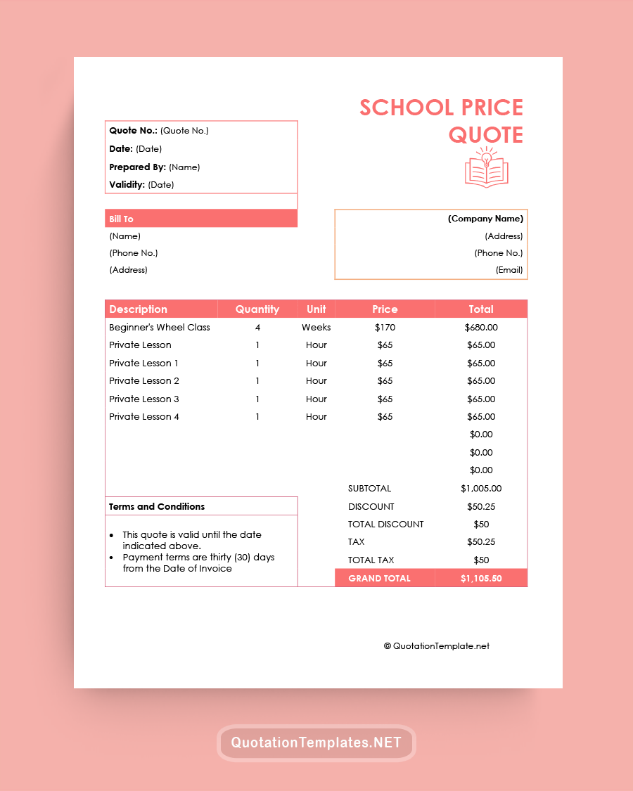 School Price Quote Template - Pink