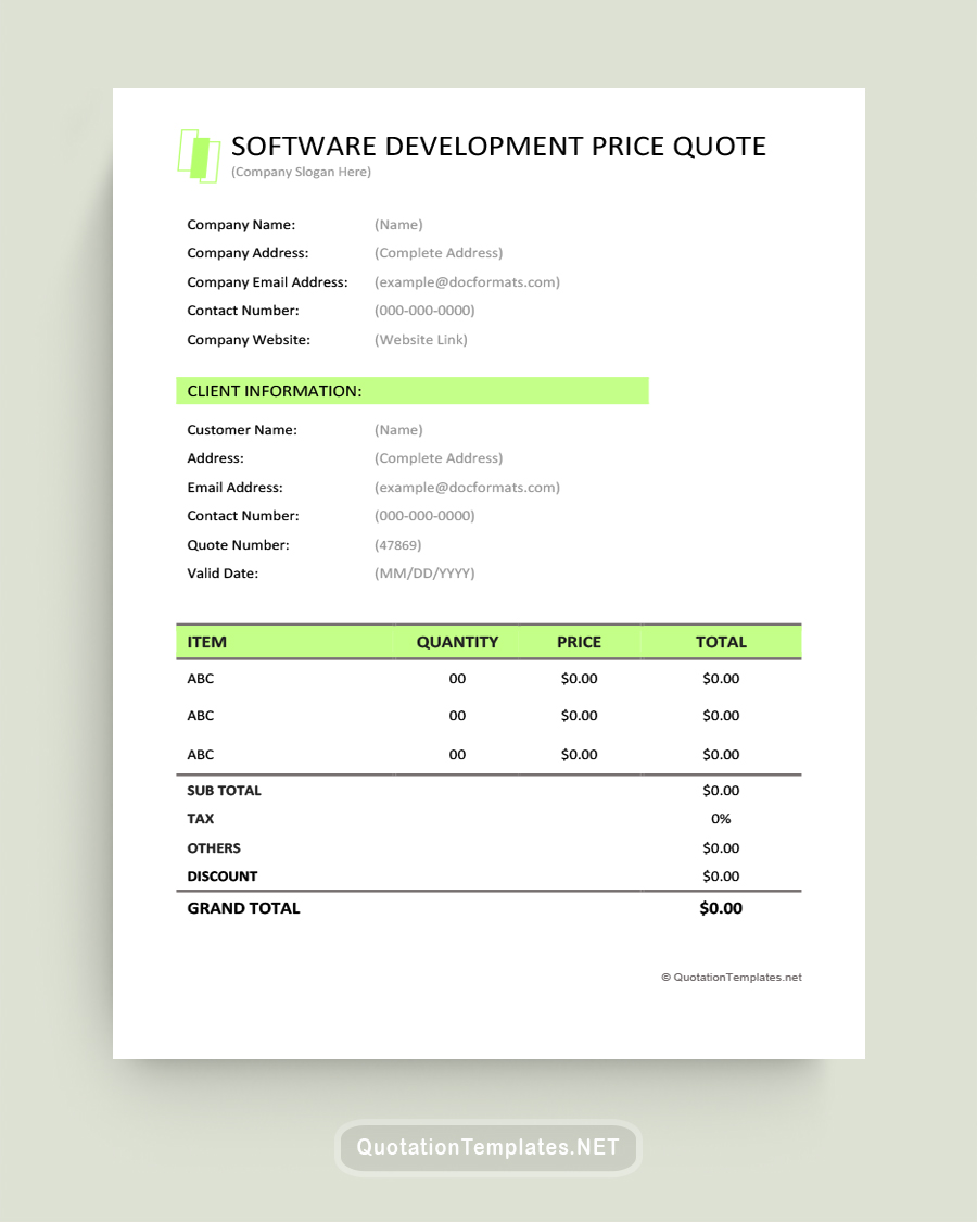 Software Development Price Quote Template - Green - Word