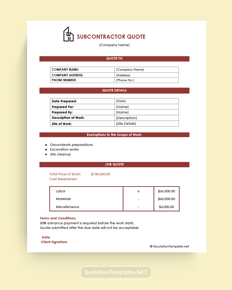Subcontractor Quote Template - Brown