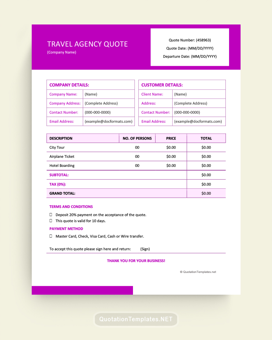 Travel Agency Quote Template - Purple - Word
