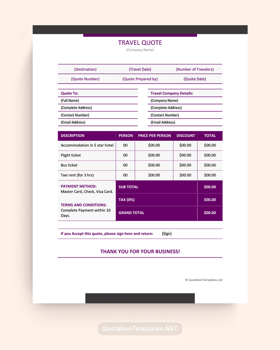 Travel Quote Template - Plum - Word