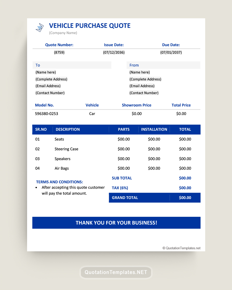 Vehicle Purchase Quote Template - Blue - Word