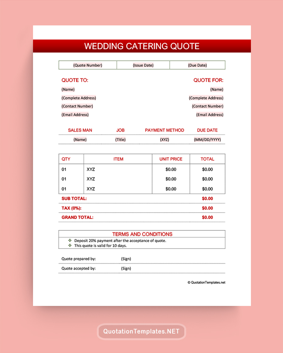 Wedding Catering Quote Template - Maroon - Word