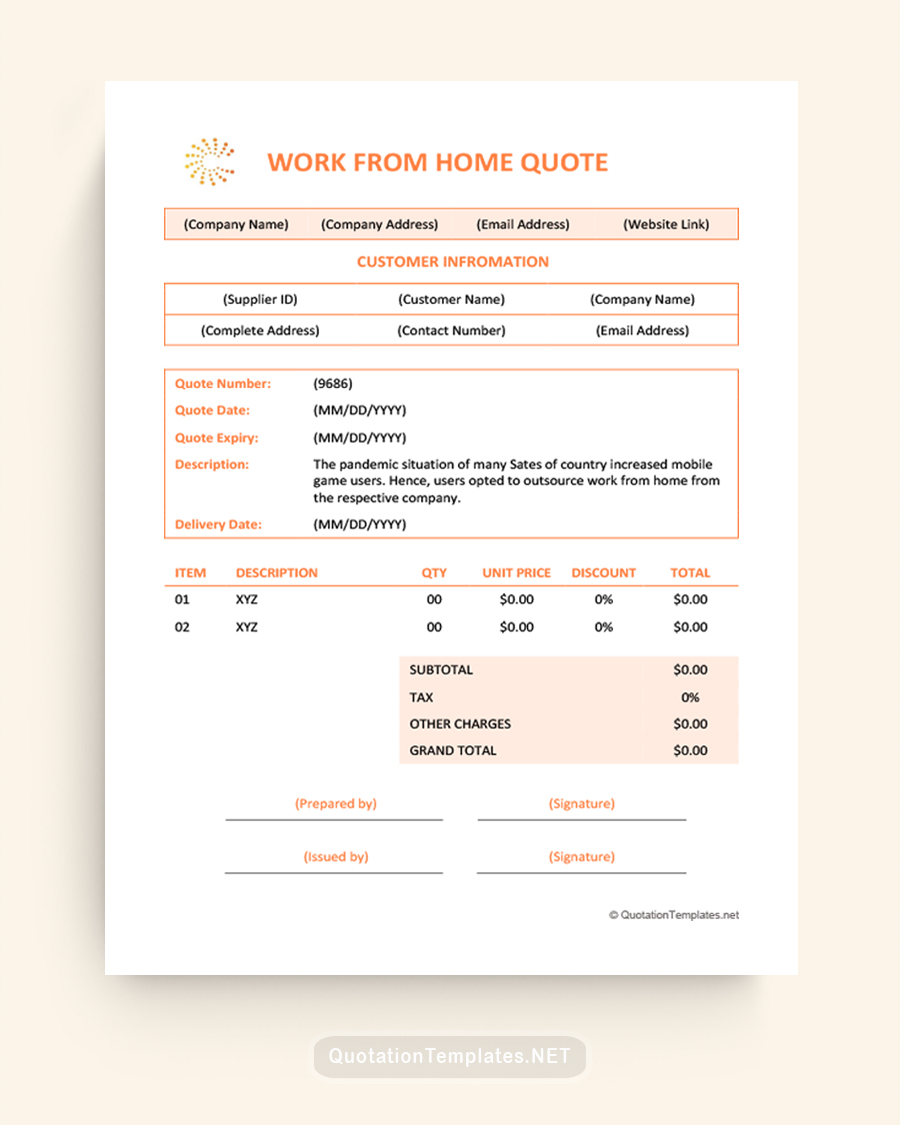 Work From Home Quote Template - Orange - Word