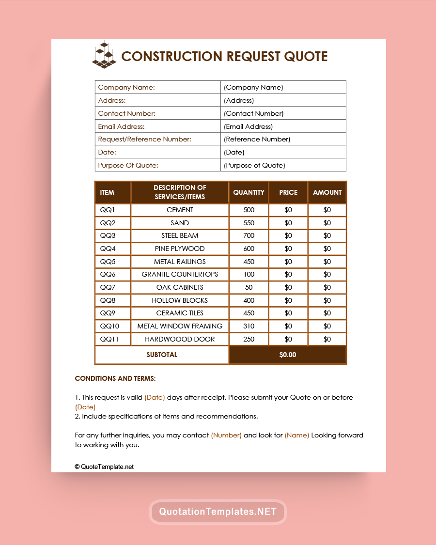 Construction Request Quote Template - Brown
