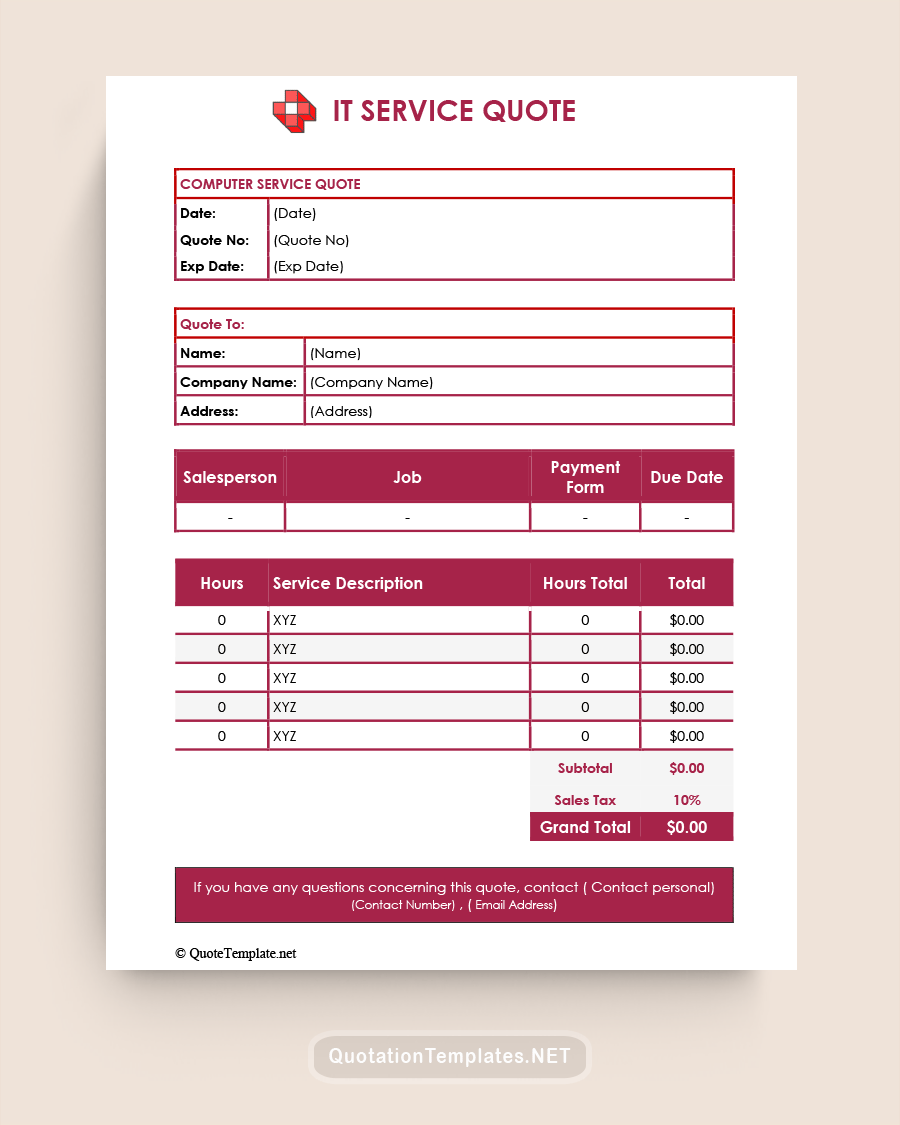 IT Company Service Quote Template - light Red
