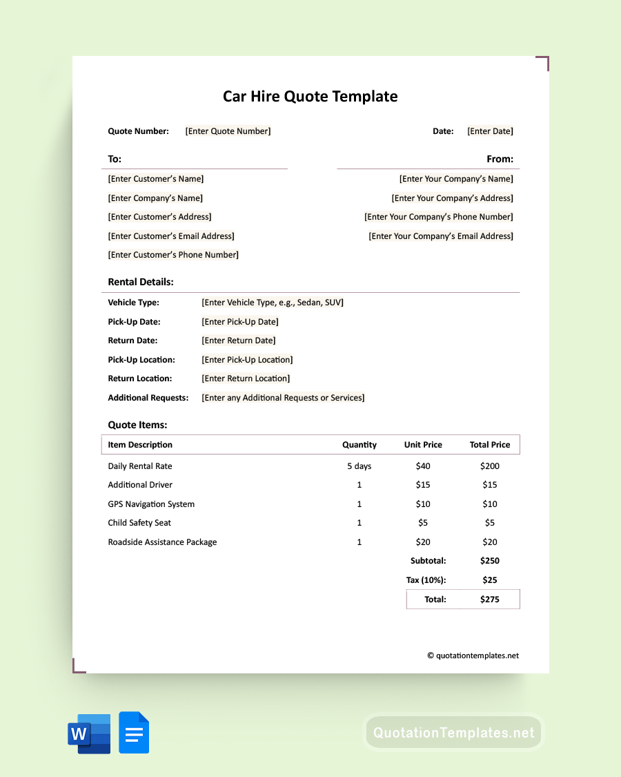 Car Hire Quote Template - Word, Google Docs