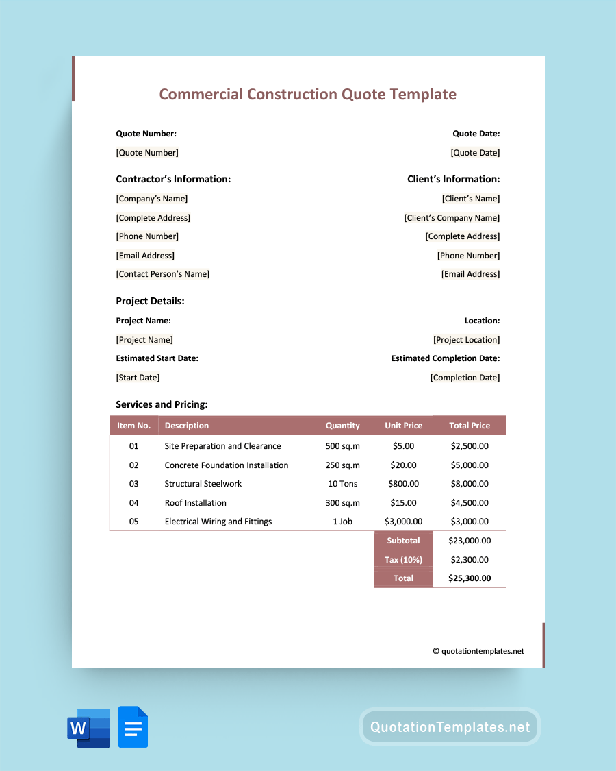 Commercial Construction Quote Template - Word, Google Docs