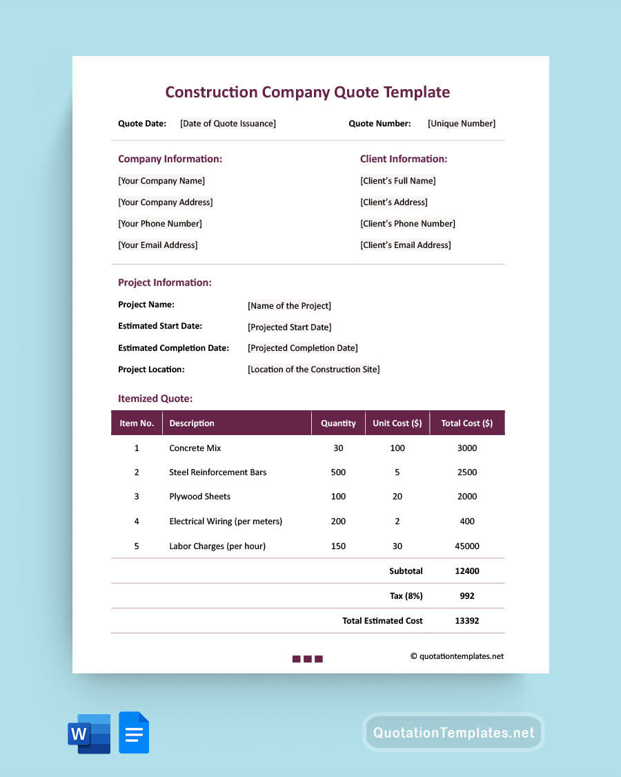 Construction Company Quote Template - Word, Google Docs