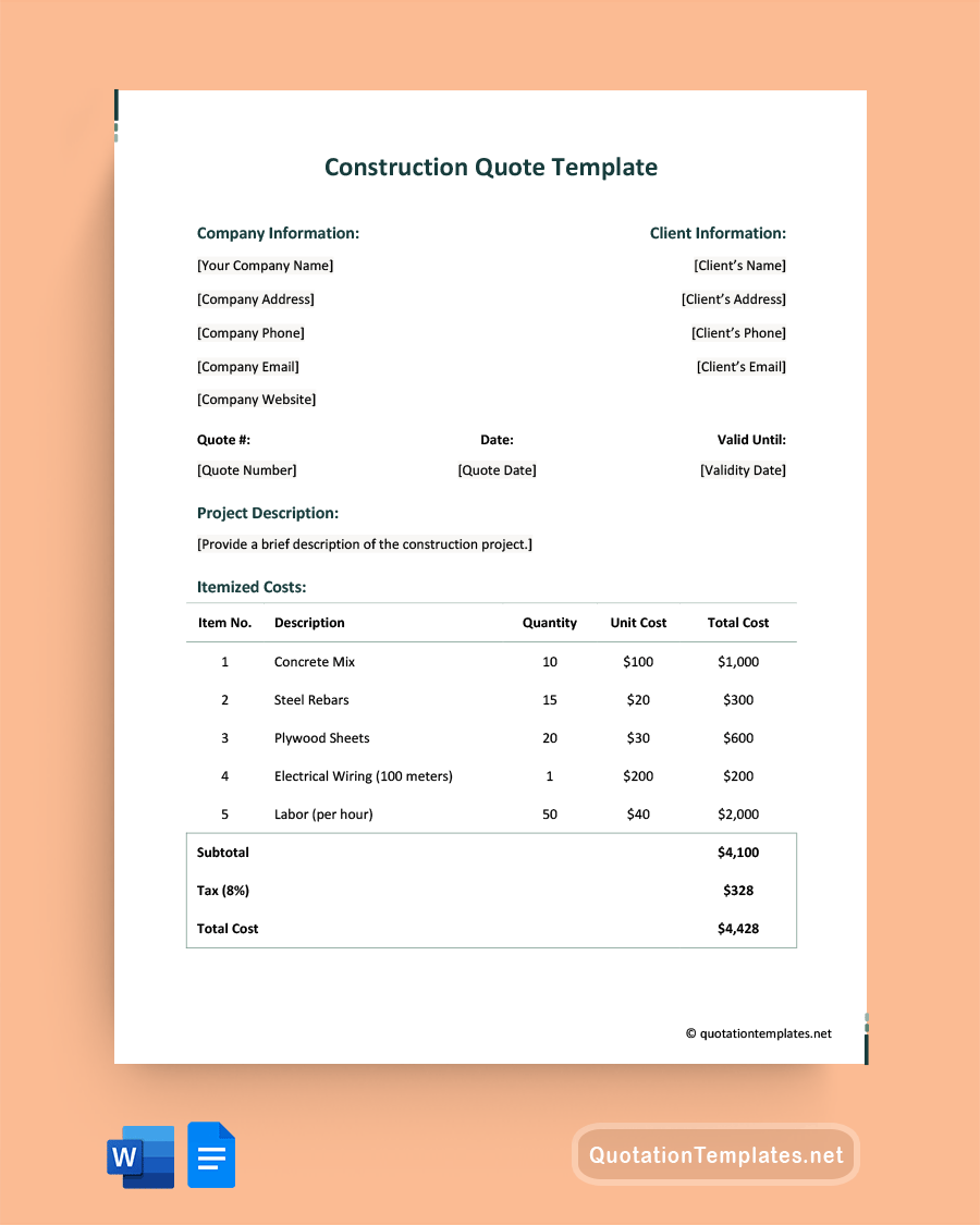 Construction Quote Template - Word, Google Docs