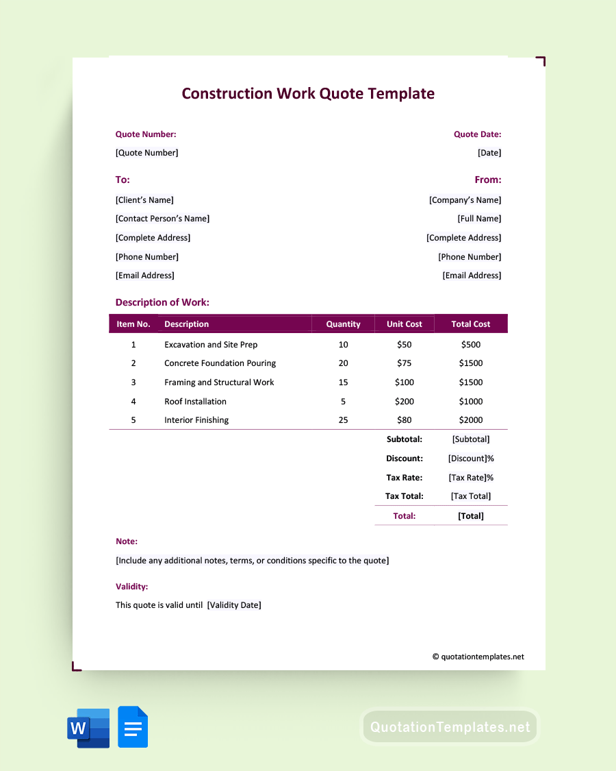 Construction Work Quote Template - Word, Google Docs