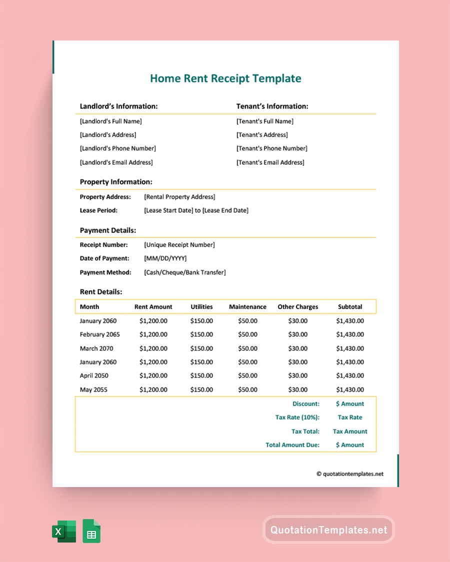 House Rent Receipt Template - Excel, Google Sheets
