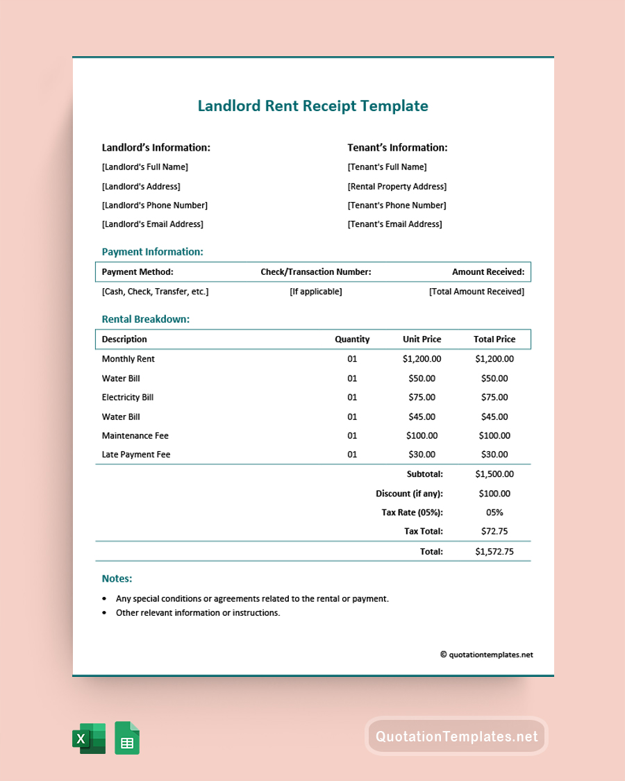 Landlord Rent Receipt Template - Excel, Google Sheets