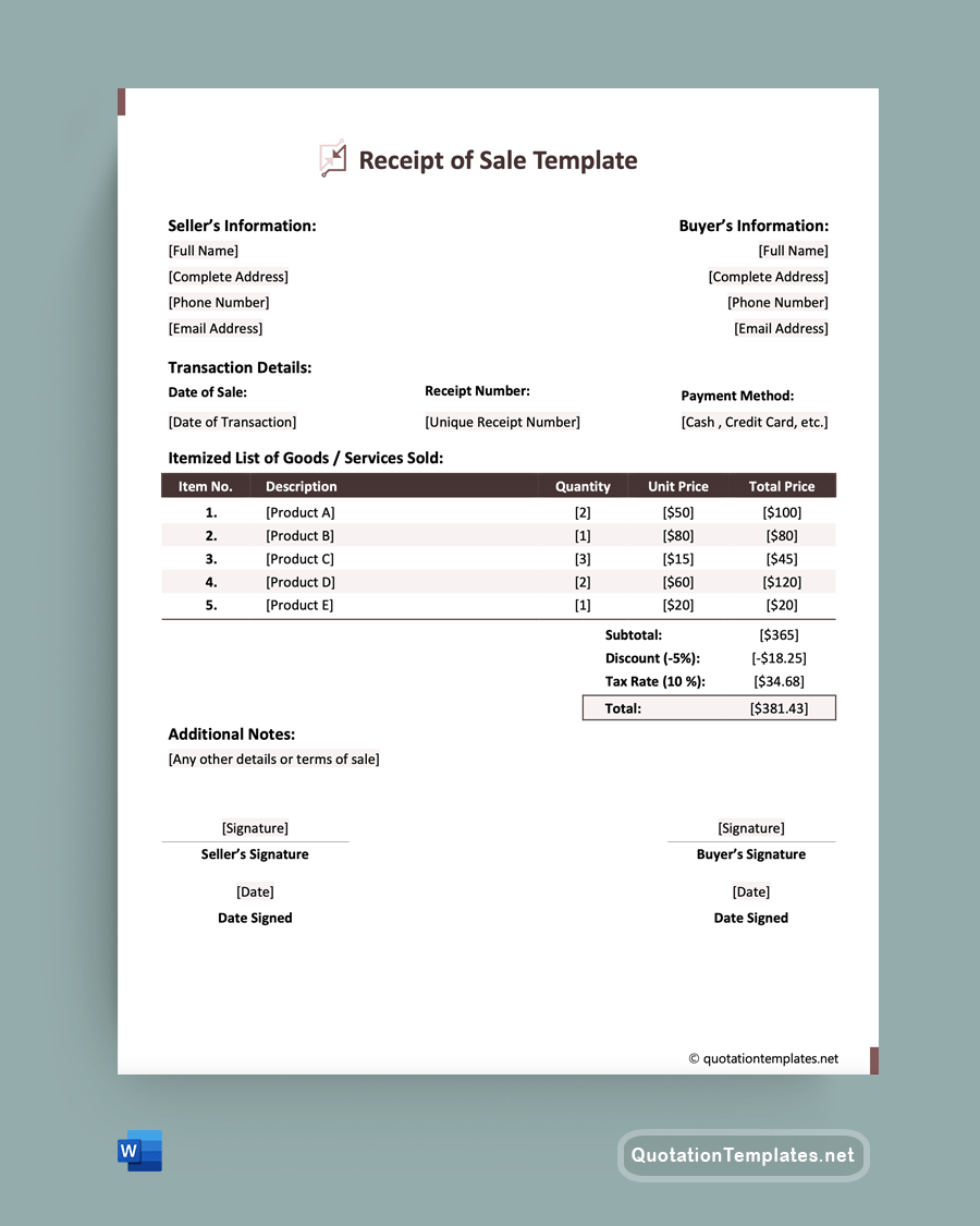 Receipt of Sale Template - Word