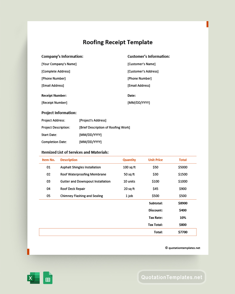 Roofing Receipt Template - Excel, Google Sheets
