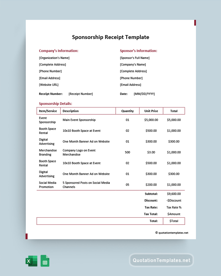 Sponsorship Receipt Template - Excel, Google Sheets