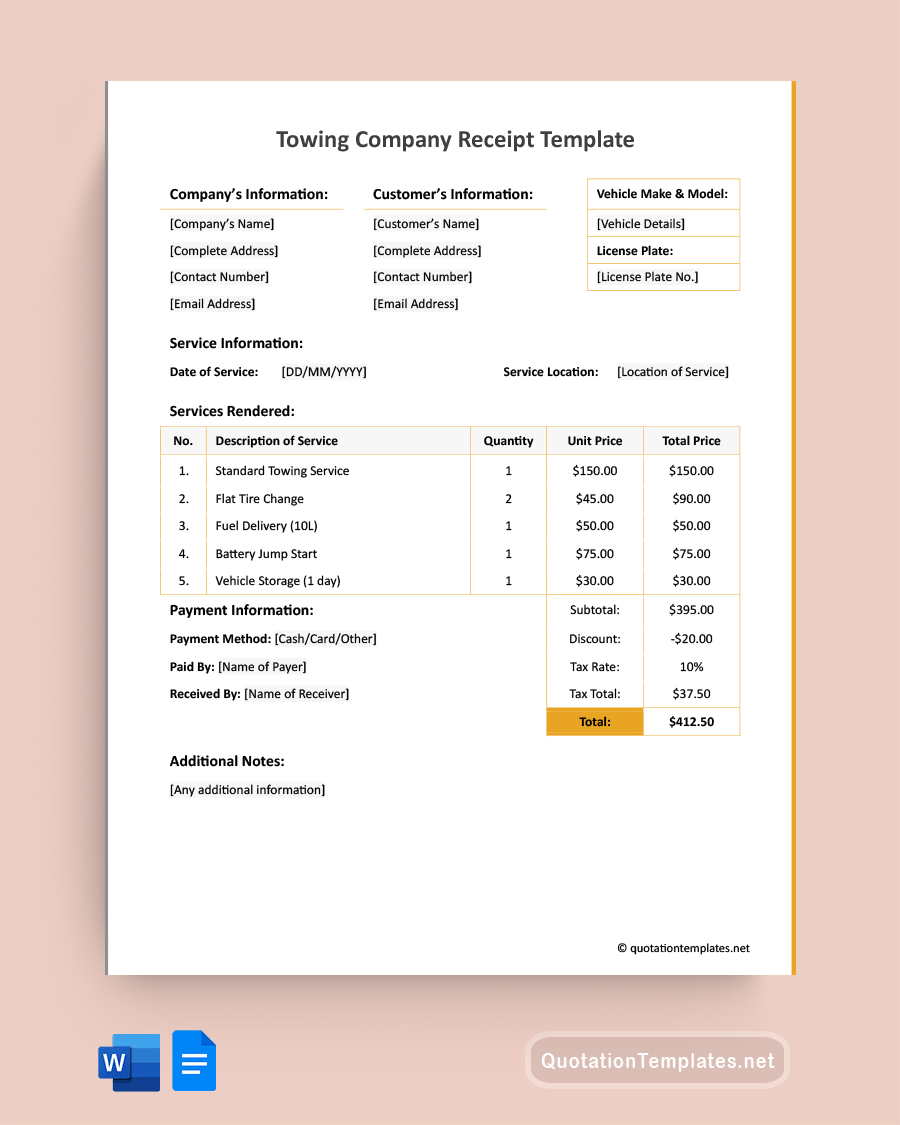 Towing Company Receipt Template - Word, Google Docs