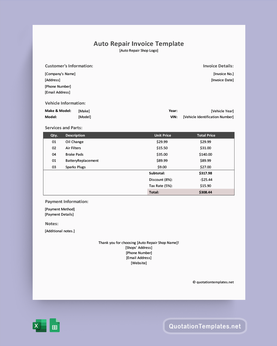 Auto Repair Invoice Template - Excel, Google Sheets