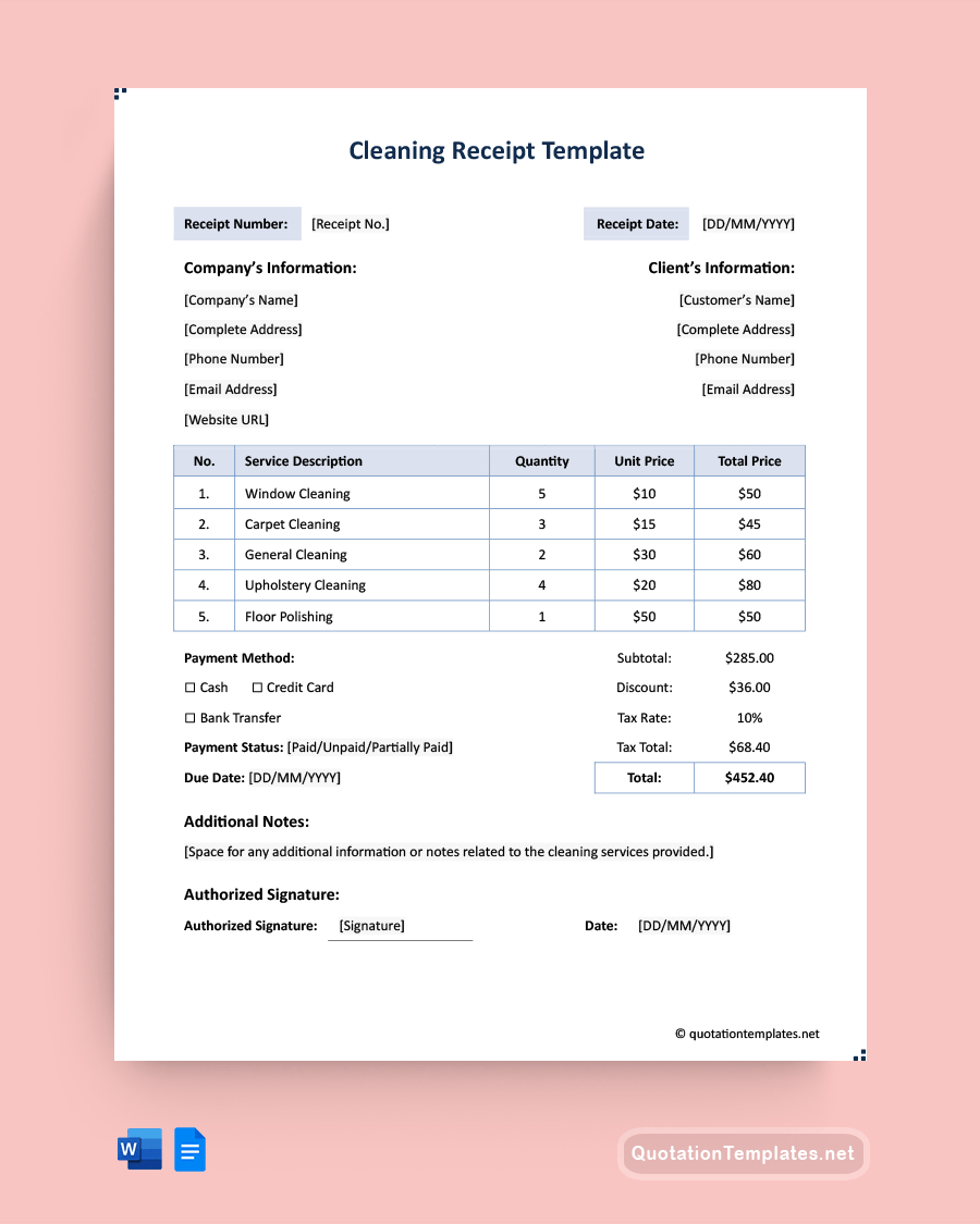 Cleaning Receipt Template - Word, Google Docs