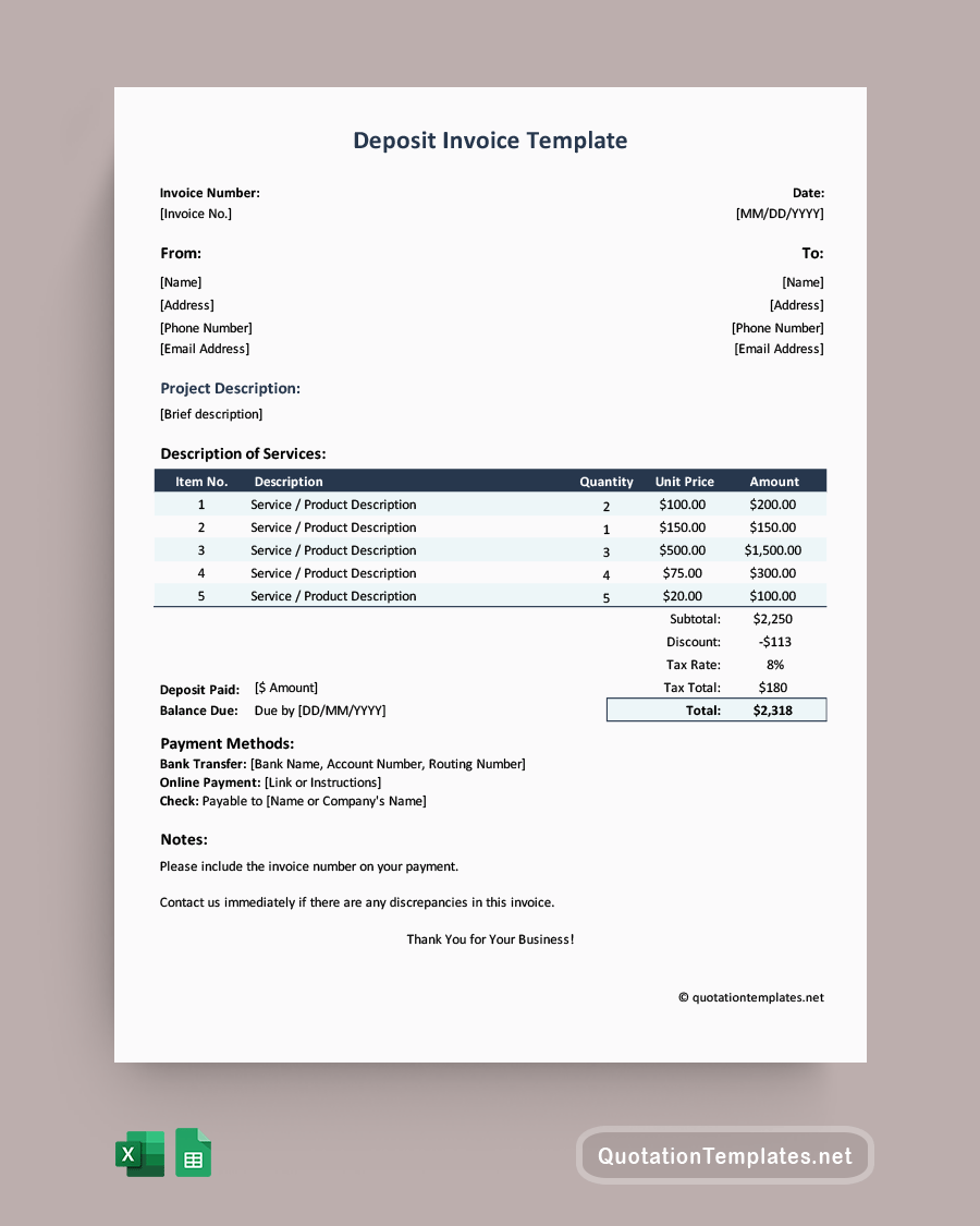 Deposit Invoice Template - Excel, Google Sheets