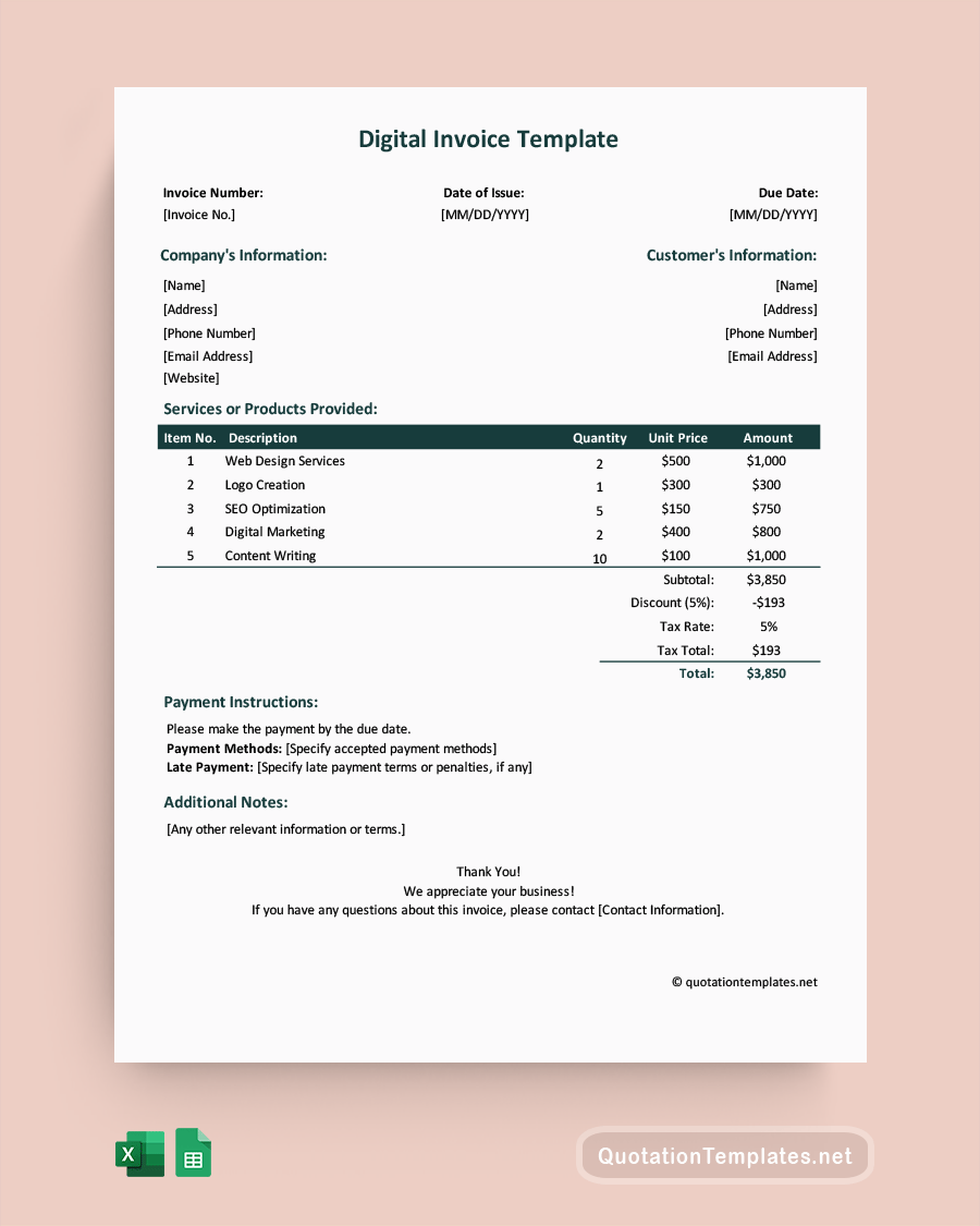 Digital Invoice Template - Excel, Google Sheets