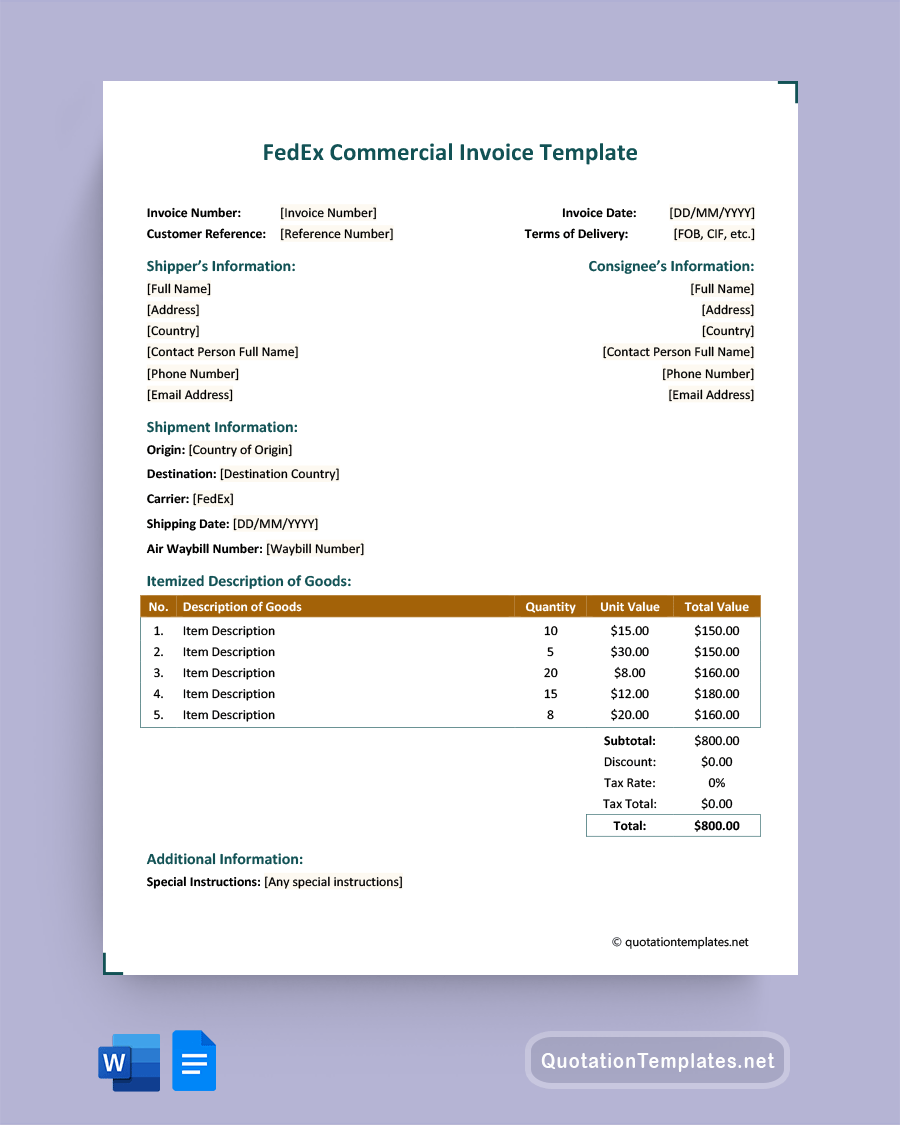 FedEx Commercial Invoice Template - Word, Google Docs