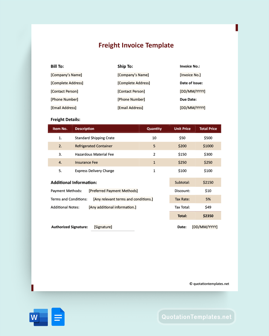 Freight Invoice Template - Word, Google Docs
