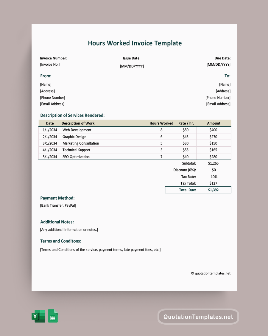 Hours Worked Invoice Template - Excel, Google Sheets