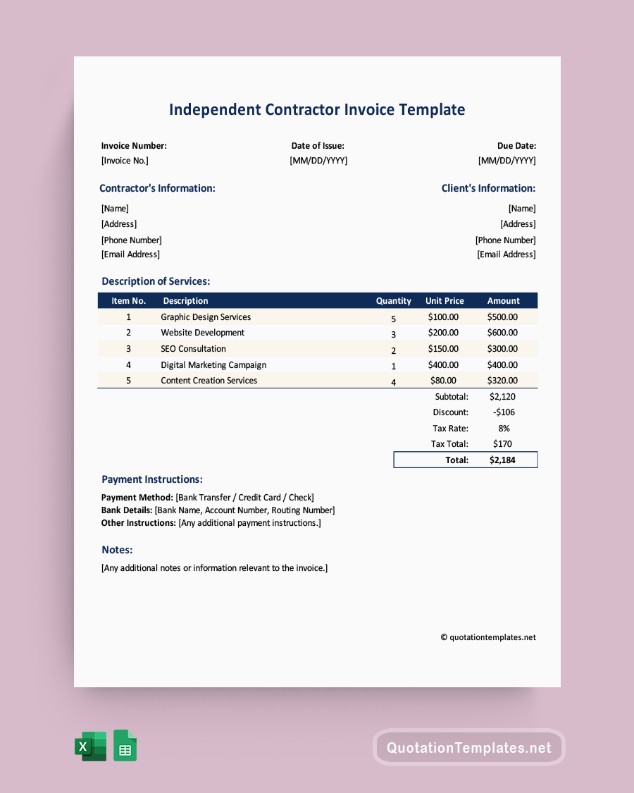 Independent Contractor Invoice Templates - Excel, Google Sheets