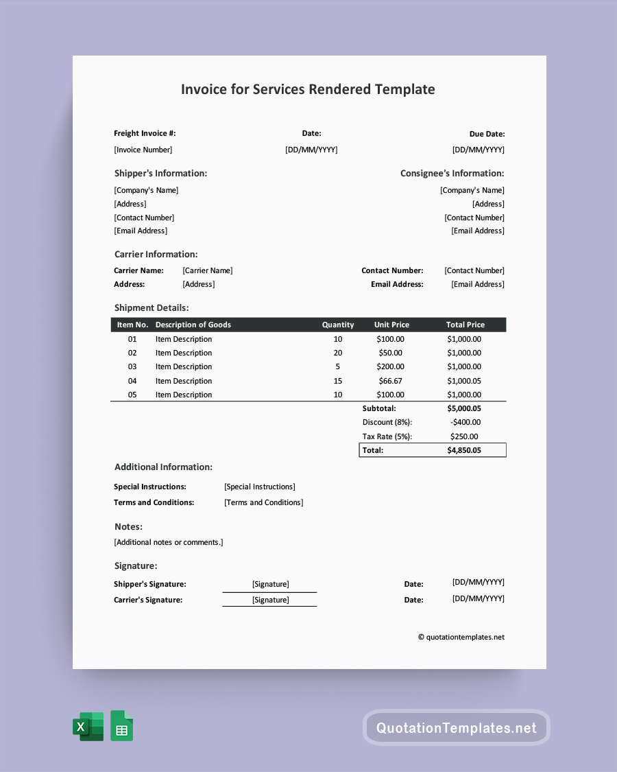 Invoice for Services Rendered Template - Excel, Google Sheets