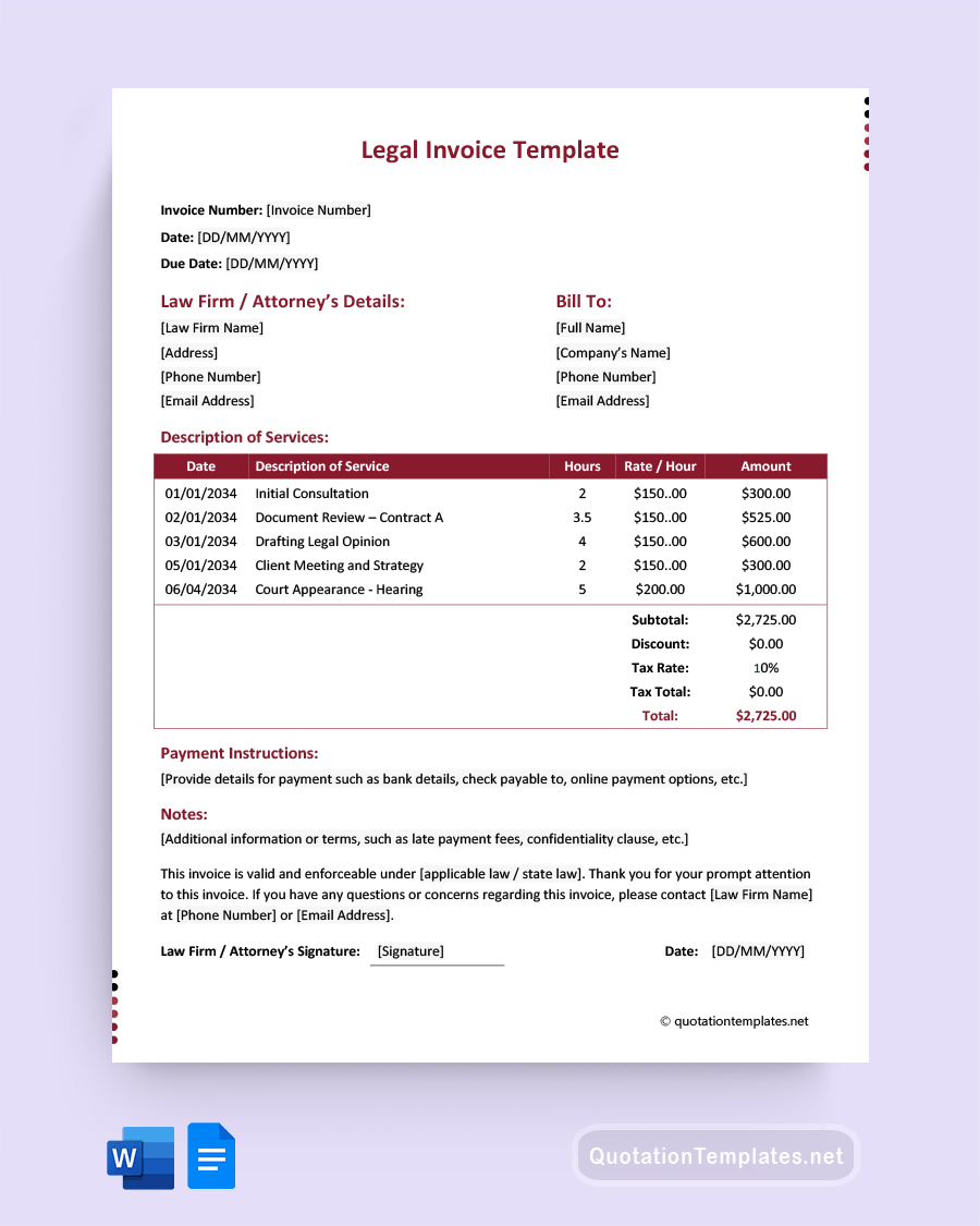 Legal Invoice Template - Word, Google Docs