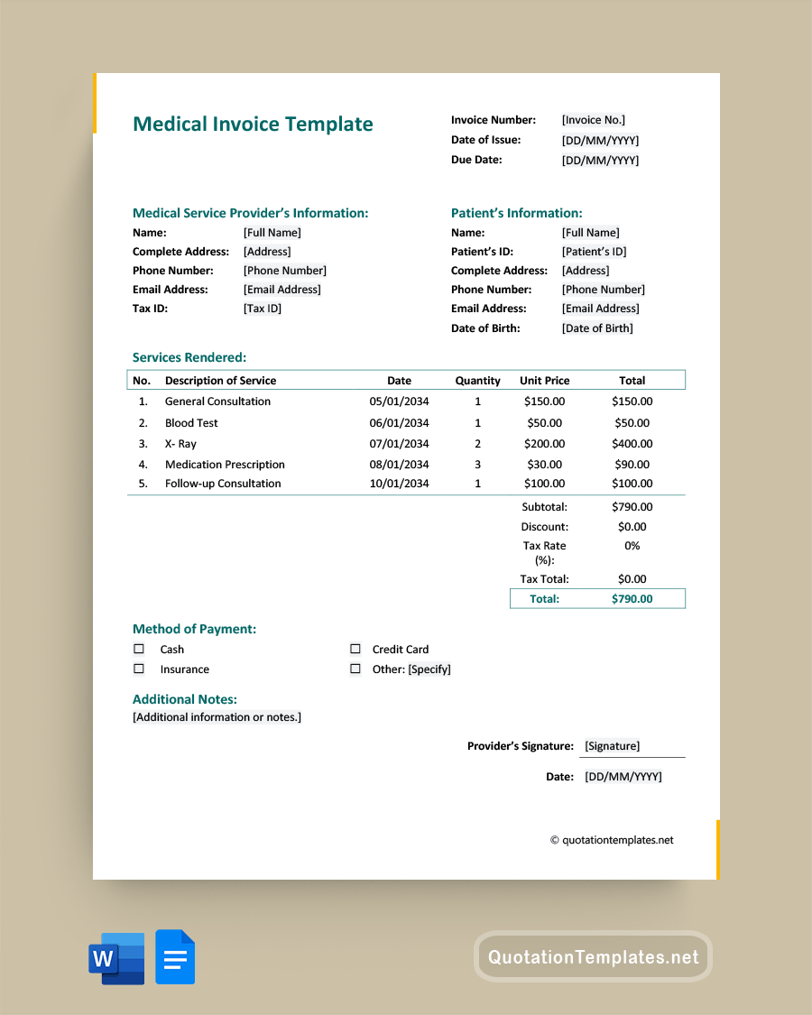 Medical Invoice Template - Word, Google Docs